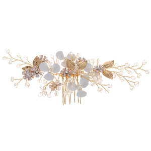 Peigne à cheveux de mariée élégant avec fleurs blanches, feuilles d'or et perles