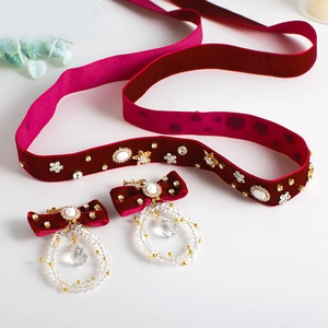 Burgundy Velvet Bridal Headband Earrings Set Vintage Cameo Rhinestone Floral Hair Accessories For Wedding Party Women