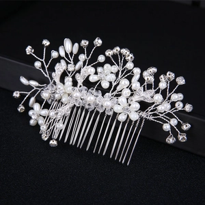 Handmade bridal hair comb with pearls and rhinestones on elegant silver floral wire