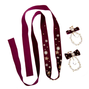 Elegant wine red bridal hair ribbon set with bow earrings and pearl accents