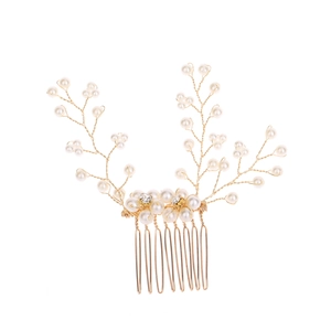 Handmade bridal hair comb with pearls and crystals on a golden wire branch design