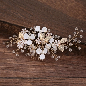 Peigne à Cheveux Mariée Élégant Fait à la Main Alliage Fleur Blanche Künstliche Perle Cristal Feuille Or Argent Bijoux pour Femmes