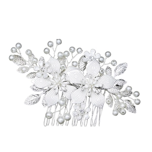 Peigne à cheveux de mariée argenté avec fleurs en alliage, strass et perles délicates