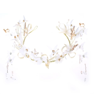 Elegant bridal hair hoop and earrings set with white fabric flowers and golden accents