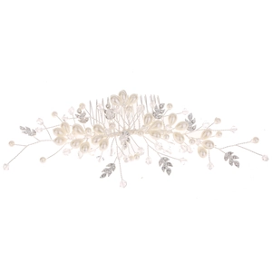 Elegant silver bridal hair comb with pearls, crystals and rhinestone studded leaf motifs