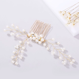Elegant bridal hair comb with gold wires, white pearls and sparkling crystal rhinestones