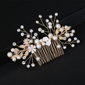 Handmade Artificial Pearl Rhinestone Bridal Hair Comb Gold Alloy Floral Leaf Headpiece For Wedding Party Banquet Women Jewelry Accessory