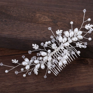 Elegant Silver Leaf Bridal Hair Comb With Faux Artificial Pearl Rhinestone Crystal Wedding Hair Accessory Jewelry For Brides Women
