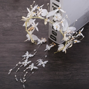 Handmade White Fabric Flower Butterfly Bridal Headband And Tassel Earrings Set For Women Elegant Alloy Rhinestone Artificial Pearl Wedding Hair Accessories