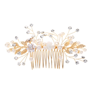 Handmade bridal hair comb with pearls, rhinestones, and golden alloy floral decorations