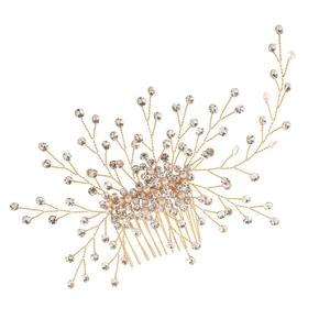 Sparkling bridal hair comb with gold wires, white pearls and shiny rhinestones for weddings