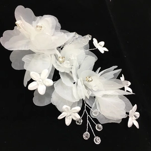Exquisite bridal white organza handmade flower hairclip with crystal beads and metal wire