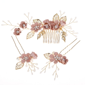 Pink floral bridal hair comb and pins set with gold leaves and white pearls