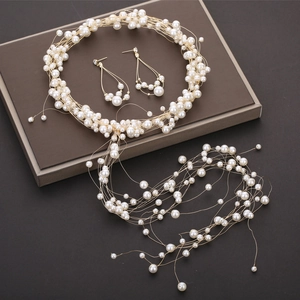 Bandeau et Boucles d'Oreilles de Mariée en Künstliche Perles Faits à la Main Élégant Fil d'Or d'Argent Coiffe de Mariage Accessoires pour Femmes