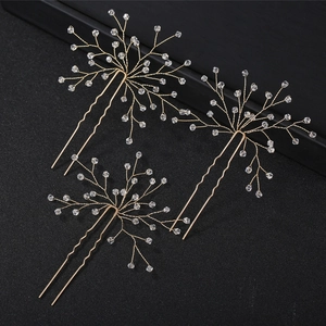 Three gold bridal hair pins with crystal bead branch design for weddings and parties