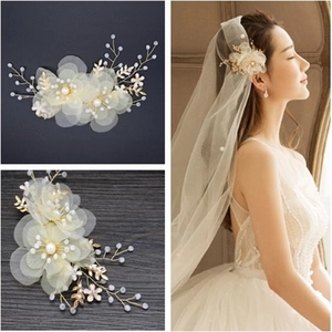 Fermaglio per Capelli con Fiori in Organza Sposa Coreana in Lega Fatto a Mano Foglia Oro Perla Artificial Strass Copricapo Matrimonio