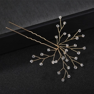 Elegant gold bridal hair pin with handmade branch wires and sparkling crystal beads