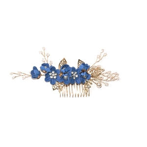 Elegant bridal hair comb with deep blue fabric flowers, pearls and golden leaves