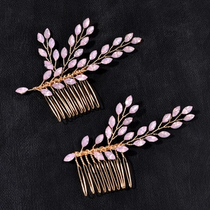 Handmade Bridal Hair Comb Gold Wire Leaf Branch Design With Light Blue Rhinestone Crystal Wedding Party Accessories For Women