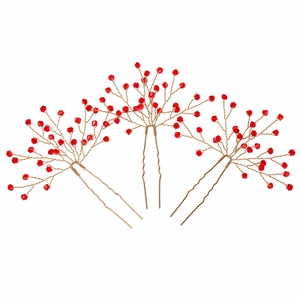 Three-piece red crystal beaded bridal hair pins with golden wire and U-shaped base