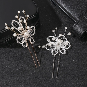 Fourches à Cheveux de Mariage Faites à la Main avec Künstliche Perles Cristal et Fleurs Forme de U Or Argent Accessoires Femmes