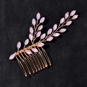 Handmade bridal hair comb with light blue crystals and pink leaf stones on gold wire