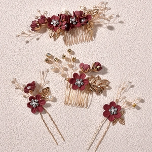 Bridal headpiece set with burgundy fabric flowers, golden leaves, and pearls