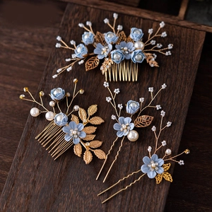 Handmade Bridal Flower Hair Combs Pins Gold Leaf Faux Artificial Pearl Rhinestone Forest Style Wedding Headwear Jewelry For Women
