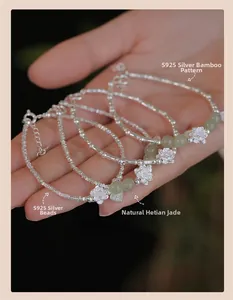 S925 silver bamboo joint bracelets featuring natural Hetian jade and lotus charm details