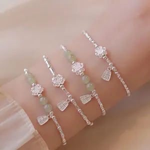 S925 sterling silver bamboo joint bracelet with lotus charms and Hetian jade beads