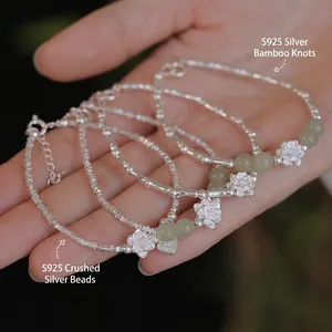 S925 silver Hetian jade bamboo bracelet set with lotus pendants for women's wrist