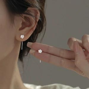 Elegant Copper Camellia Flower Ear Thread Earrings For Women Silver Plated Dainty Minimalist Floral Long Chain Pull Through Earrings