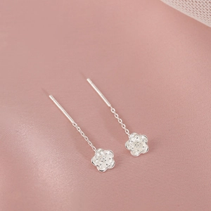Elegant S925 sterling silver camellia flower long chain drop earrings for women