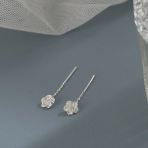 Exquisite S925 sterling silver camellia drop earrings with long tassel chain for women