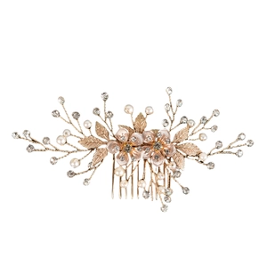 Exquisite gold floral bridal hair comb with pearls and rhinestones for wedding styling