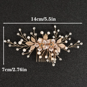 Handmade bridal hair comb with rose gold alloy flowers, pearls, and rhinestones with dimensions