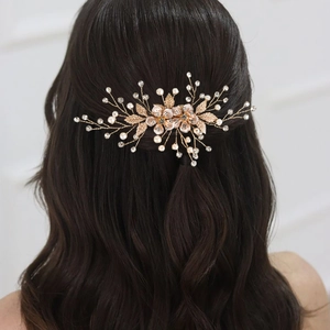 Handmade Bridal Hair Comb Gold Floral Leaf Rhinestone Faux Artificial Pearl Wedding Hair Accessory For Women Party Hair Jewelry