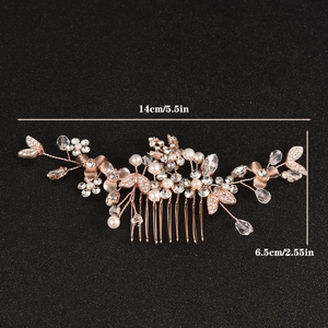 Rose gold bridal hair comb with pearls and rhinestones flower leaf design for wedding