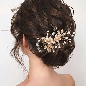 Peigne à Cheveux Mariée Fait Main Cristal Künstliche Perle Alliage d'Or Feuille Fleur Coiffe de Mariage pour Femme Bijoux de Fête