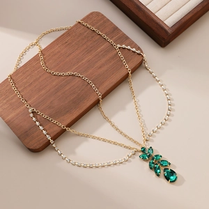 Chaîne de Front Bohème en Cristal Artificiel Vert Alliage Doré Pendentif Feuille Goutte d'Eau Coiffe de Mariée Bijoux de Cheveux Mariage