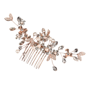 Rose gold bridal hair comb with handmade pearls, alloy leaves and sparkling crystals