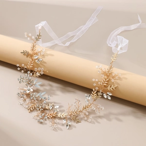 Handmade Gold Alloy Bridal Hair Vine Elegant Crystal Imitation Artificial Pearl Floral Leaf Wedding Headband With Organza Ribbon
