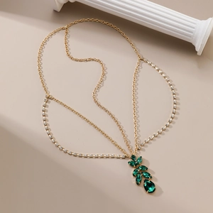 Bijou de tête bohème doré avec cristal vert en goutte d'eau pour accessoire mariée