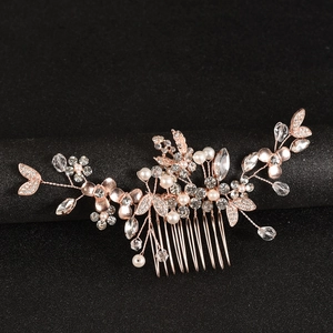Handmade Rose Gold Alloy Flower Leaf Bridal Hair Comb With Faux Artificial Pearl Rhinestone For Wedding Party Women Headpiece