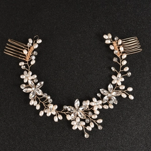 Handmade bridal hair vine with white pearls and rhinestones on gold wire with combs