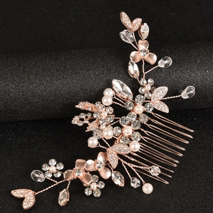 Rose gold bridal hair comb with pearls, rhinestones, and alloy leaves for wedding hair styling