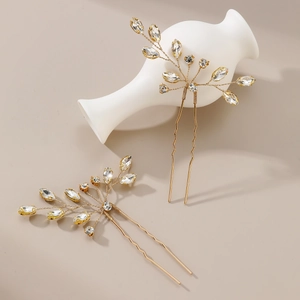 Lot de 2 épingles à cheveux dorées de mariée avec cristaux de marquise et fleurs