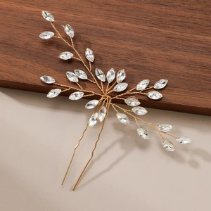 Épingle à cheveux de mariée dorée avec strass marquise et design de feuille à la main