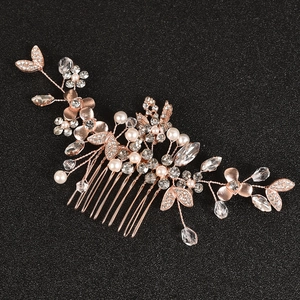 Rose gold bridal hair comb with handmade pearls, alloy leaves, and crystals for weddings