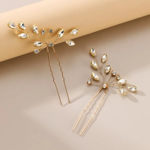 Paire d'épingles à cheveux de mariée dorées avec strass marquise et branches à feuilles